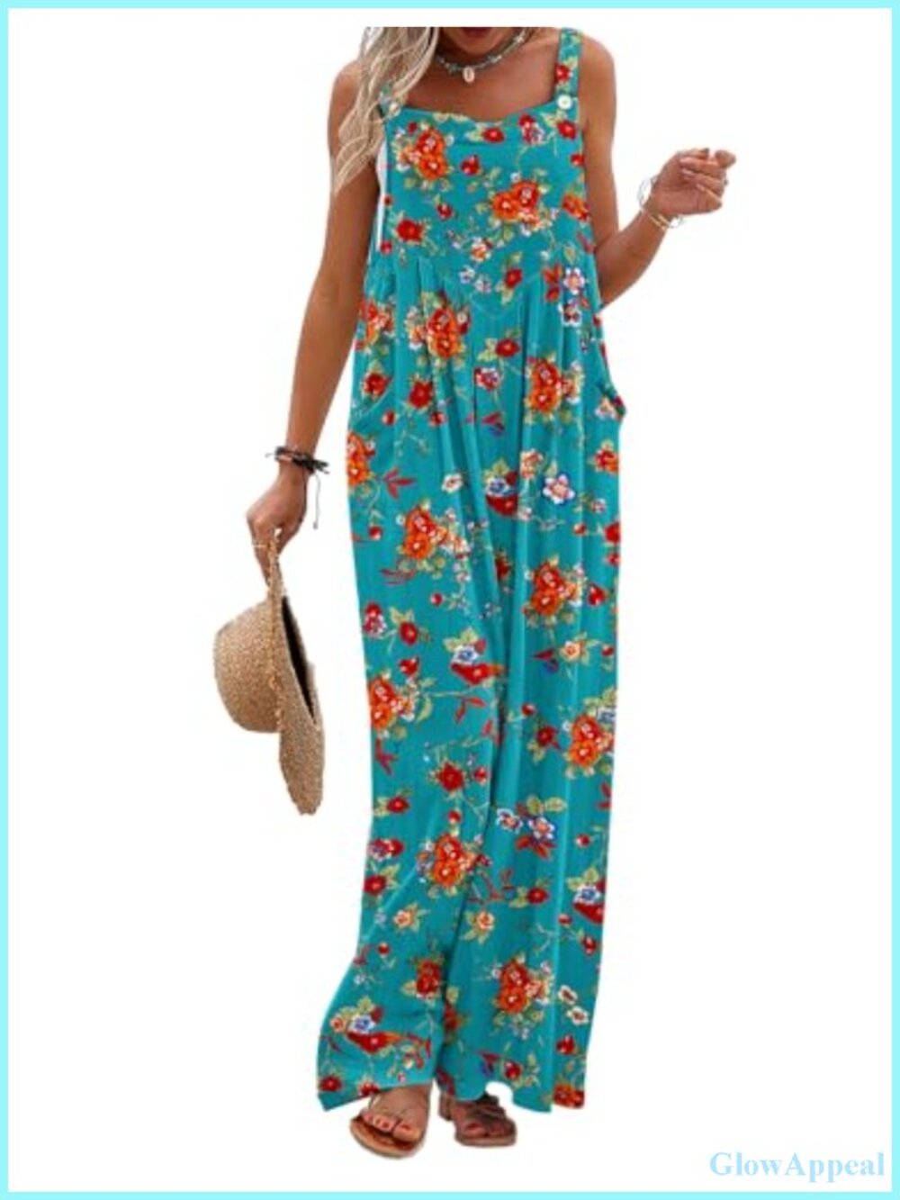 Women's Cotton Floral Wide Leg Overalls Jumpsuit with Pockets Boho